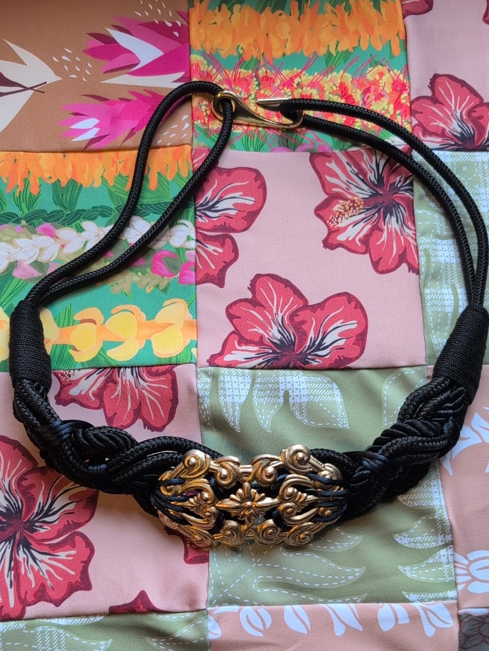Black Braided Belt with Ornate Gold-Tone Buckle